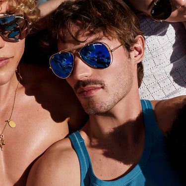 Ray-Ban Occhiali da Sole RB3029M 001/55 x Dolce & Gabbana The Outdoorsman Oro Arista/Blu Scuro Specchiato Unisex 1